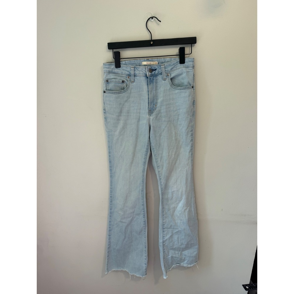 Levis 726 High Rise Flare Jeans Light Wash Raw Hem Blue Denim 29